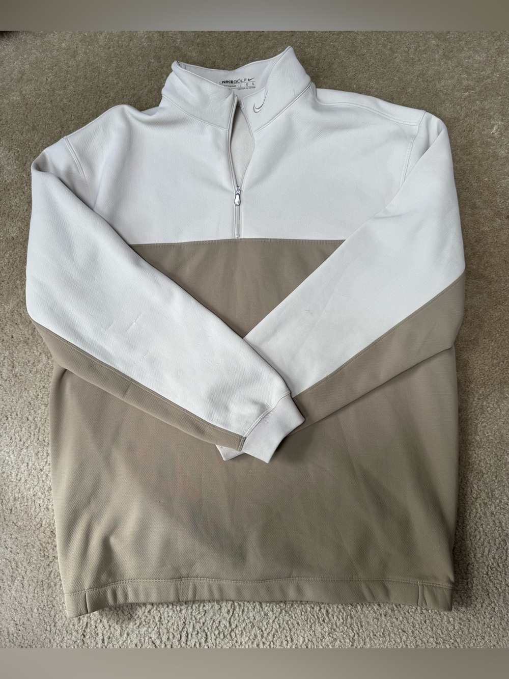 Nike Golf Two-Tone Cream and Tan Quarter-Zip Shirt Jacket, size Large.